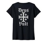 Donna Deus Vult | Jerusalem Cross | Christian Templar Maglietta con Collo a V