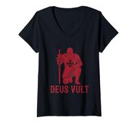 Donna Deus Vult T-Shirt Cavalieri Templari Crociati Chiesa Maglietta con Collo a V