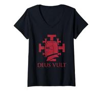 Donna Deus Vult T-Shirt Cavalieri Templari Crociati Chiesa Maglietta con Collo a V