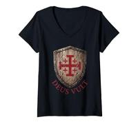 Donna Deus Vult T-Shirt Cavalieri Templari Crociati Chiesa Maglietta con Collo a V