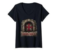 Donna Deus Vult T-Shirt Cavalieri Templari Crociati Chiesa Maglietta con Collo a V
