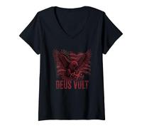 Donna Deus Vult T-Shirt Cavalieri Templari Crociati Chiesa Maglietta con Collo a V