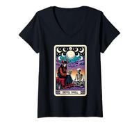 Donna Devil Doll Tarocchi Carta Gotica e Demoniaca Rituale Maglietta con Collo a V