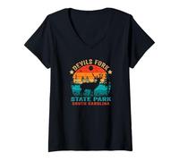 Donna Devils Fork State Park South Carolina USA Retro Tramonto Maglietta con Collo a V