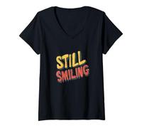 Donna Dichiarazione ancora sorridente per un costume da giorno luminoso Maglietta con Collo a V