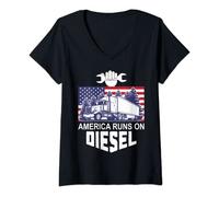 Donna Diesel Truck Driver USA America funziona sulla bandiera americana diesel Maglietta con Collo a V