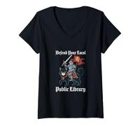 Donna Difendi la Tua Biblioteca pubblica Locale Funny Knight Cat Maglietta con Collo a V
