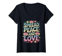 Donna Diffondere Peace & Love Retro Lotus Flower Groovy Positive Vibes Maglietta con Collo a V