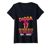 Donna DIGGA ICH bin 17 ICH Weiß Alles 17° Geburtstag Spruch 2007 Maglietta con Collo a V