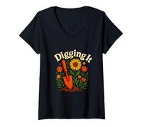 Donna Digging It Divertente Giardinaggio Retro Flower Graphic Maglietta con Collo a V