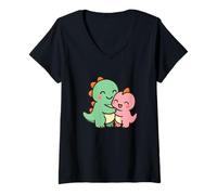 Donna Dino Friends Forever. Simpatico Design con Dinosauro Kawaii. Maglietta con Collo a V