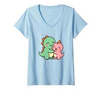 Donna Dino Friends Forever. Simpatico Design con Dinosauro Kawaii. Maglietta con Collo a V