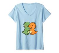 Donna Dino Friends Forever. Simpatico Design con Dinosauro Kawaii. Maglietta con Collo a V