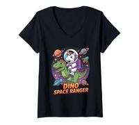 Donna Dino Space Ranger - Unicorno Astronauta Cavalcando T Rex Dinosauro Maglietta con Collo a V