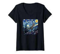 Donna Dinosaur Reptiles Prehistoric Starry Night Van Gogh Style Maglietta con Collo a V