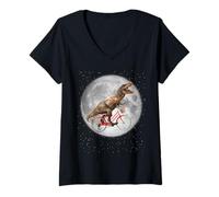Donna Dinosaur Trex Riding Bike On Moon Funny Dino Lover Maglietta con Collo a V