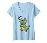 Donna Dinosauro Che Gioca a Calcio Dinosauri per Bambini Maglietta con Collo a V