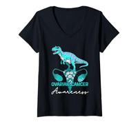Donna Dinosauro Ovarian Cancer Awareness Teal Ribbon Dinosaur T-Rex Maglietta con Collo a V