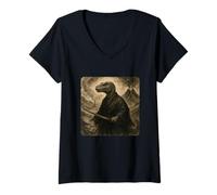Donna Dinosauro Samurai Warrior Katana Kimono Zen Sumi-E Vintage Maglietta con Collo a V