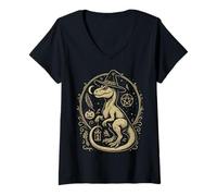 Donna Dinosauro Stregone Halloween Magico Occulto Maglietta con Collo a V