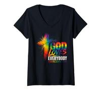 Donna Dio AMA Tutti Rainbow Pride Christian Cross Love Maglietta con Collo a V