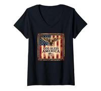 Donna Dio benedica l'America in Stile Americano Maglietta con Collo a V