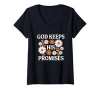 Donna Dio Mantiene Le Sue promesse Fede Cristiana Scrittura Floreale Maglietta con Collo a V
