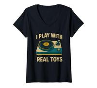 Donna Disco in vinile retrò - I Play With Real Toys Vinyl LP Record Maglietta con Collo a V