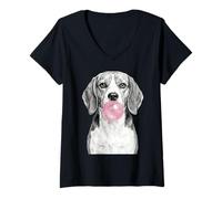 Donna Disegno Artistico a Forma di Cane Beagle Che soffia Gomma da Masticare Rosa Maglietta con Collo a V