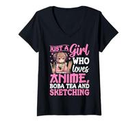 Donna Disegno Artistico Pastello Anime Boba Tea Sketching Girl Maglietta con Collo a V