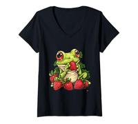 Donna Disegno della fauna selvatica della stampa animale delle fragole della rana della fragola Maglietta con Collo a V