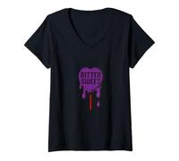 Donna Disegno di atteggiamento lecca-lecca viola agrodolce gocciolante Maglietta con Collo a V