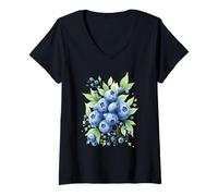 Donna Disegno Estivo del Modello della Frutta del Mirtillo dell'acquerello Maglietta con Collo a V