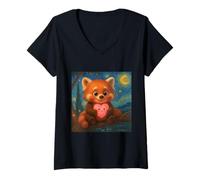 Donna Disegno Panda Rosso Che Tiene Cuore Starry Night Style Maglietta con Collo a V