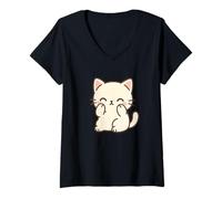 Donna Disegno timido del Gatto Kawaii. Opera d'Arte con Animali Carini. Maglietta con Collo a V