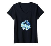 Donna Disegno vettoriale blu Wildlower Myosotis Forget-Me-Not Maglietta con Collo a V