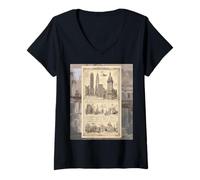 Donna Disegno Vintage di Vari edifici Design Maglietta con Collo a V
