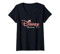 Donna Disney Christmas Script Logo Candy Cane Holiday Trip Maglietta con Collo a V