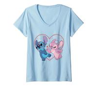 Donna Disney Lilo e Stitch Cuore e baci T-Shirt Maglietta con Collo a V, Celeste, M