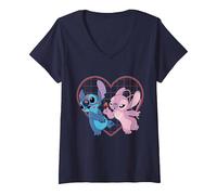 Donna Disney Lilo e Stitch Cuore e baci T-Shirt Maglietta con Collo a V, Navy, L