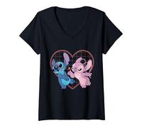 Donna Disney Lilo e Stitch Cuore e baci T-Shirt Maglietta con Collo a V, Nero, S