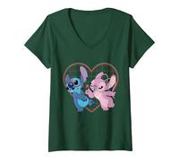 Donna Disney Lilo e Stitch Cuore e baci T-Shirt Maglietta con Collo a V, Verde Foresta, L