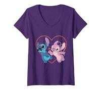 Donna Disney Lilo e Stitch Cuore e baci T-Shirt Maglietta con Collo a V, Viola, XL