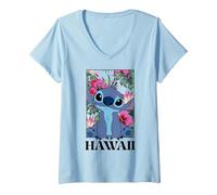 Donna Disney Lilo & Stitch Hawaii Hibiscus Cute Floral Portrait Maglietta con Collo a V, Celeste, M