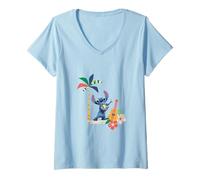 Donna Disney Lilo & Stitch Hula Dancing Stitch Floral Logo Maglietta con Collo a V