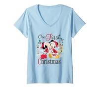 Donna Disney Mickey & Minnie Our First Christmas Holiday Couples Maglietta con Collo a V
