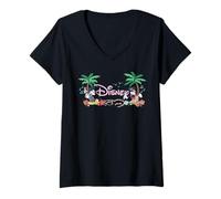Donna Disney Mickey & Minnie Tropical Island Vacation Script Logo Maglietta con Collo a V