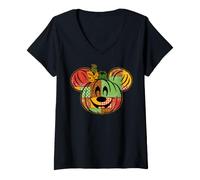 Donna Disney Mickey Mouse Patchwork Pumpkin Fall Jack-o'-Lantern Maglietta con Collo a V