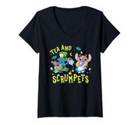 Donna Disney Stitch & Angel Halloween Tea And SCRUMPets Wonderland Maglietta con Collo a V