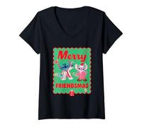 Donna Disney Stitch & Angel Merry Friendsmas Christmas Friends Maglietta con Collo a V